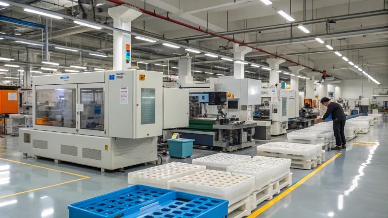 Interior of a busy industrial manufacturing facility with injection molding machines