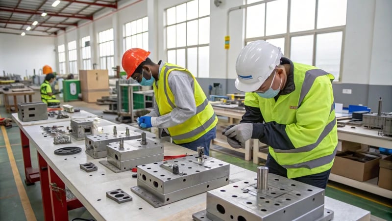 Workers assembling precision-engineered molds in a bright manufacturing facility