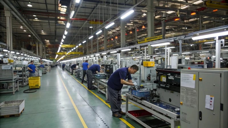A busy manufacturing factory with workers and advanced machinery