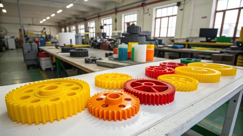 A busy workshop showcasing various plastic gears on a workbench