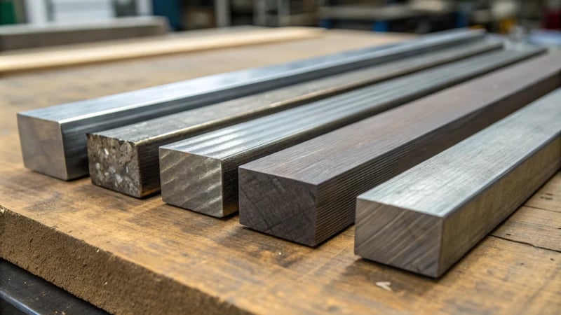 Close-up of carbon tool steel samples on a wooden workbench