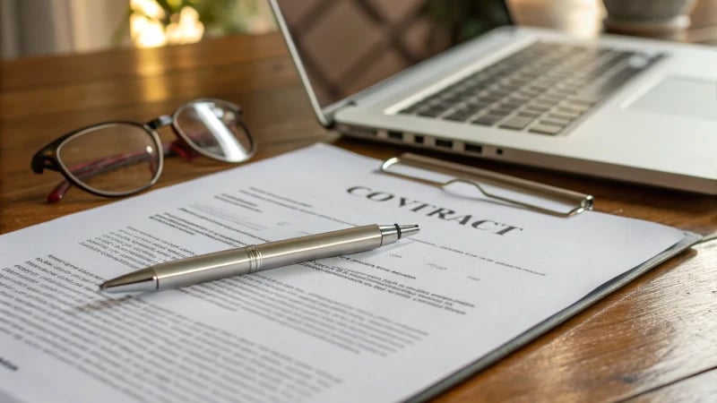 Close-up of a contract on a wooden desk with a pen and glasses.