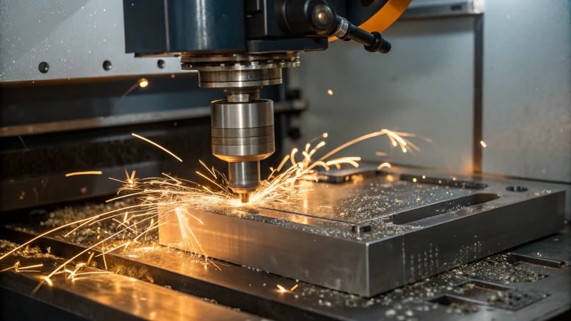 Close-up view of electrical discharge machining process with sparks