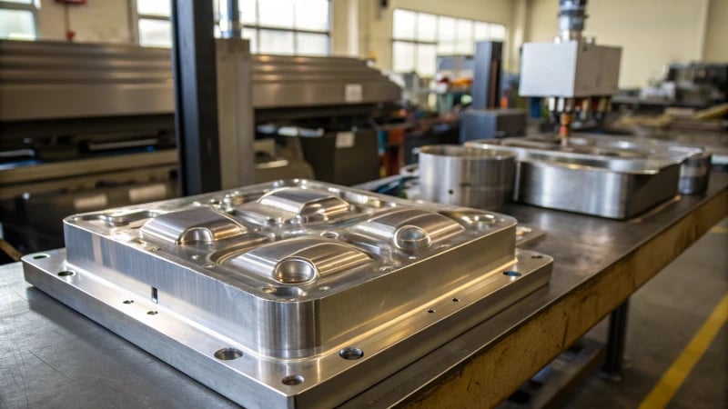 Close-up of a polished industrial mold in a factory