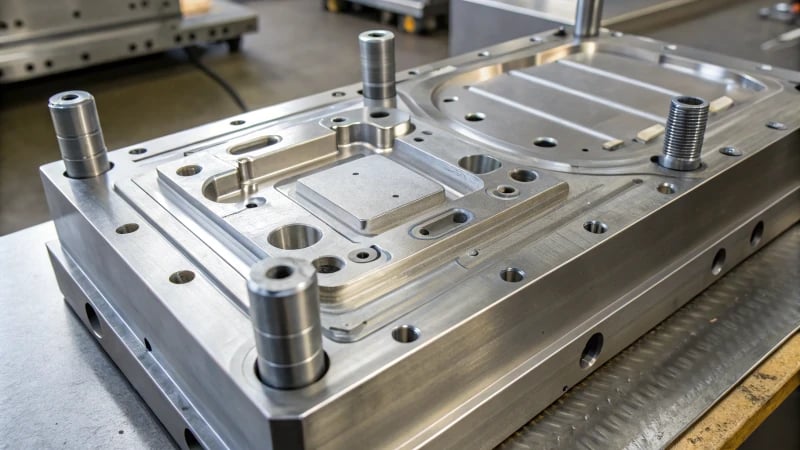 Detailed close-up of a polished steel injection mold