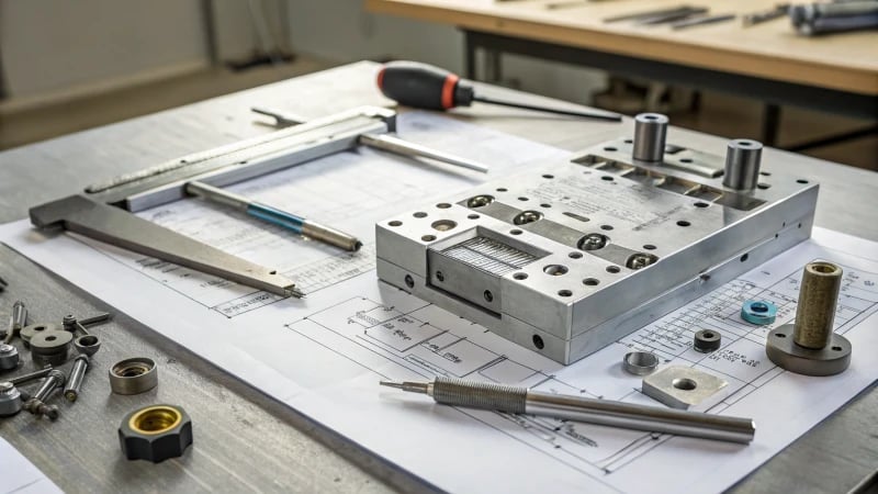 Close-up of an injection mold surrounded by precision tools and blueprints