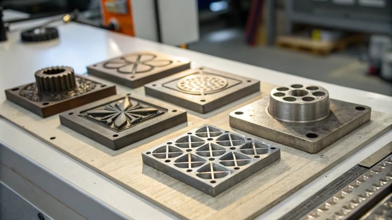 Close-up view of various metallic mold inserts on a workbench