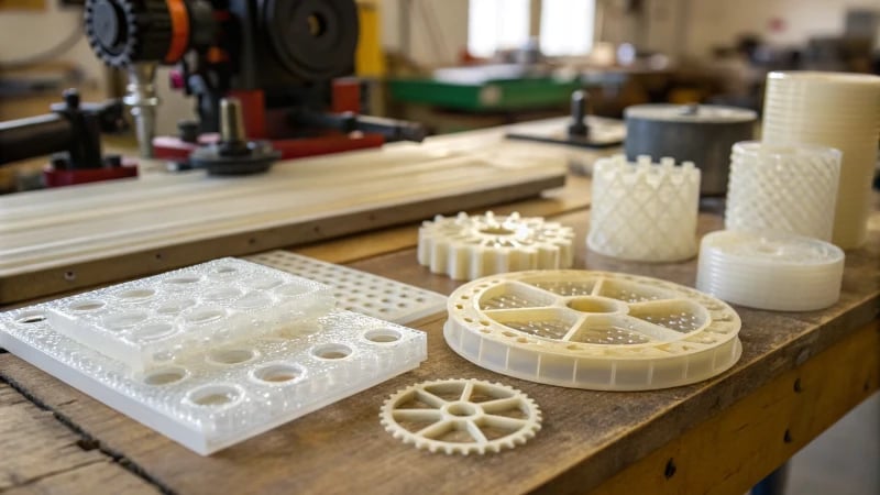 Close-up of various plastic components in a workshop