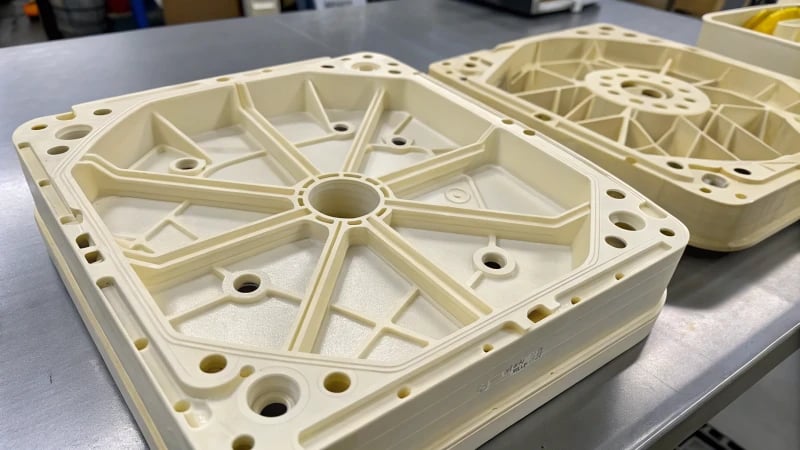 Close-up of a detailed plastic mold highlighting complex geometries