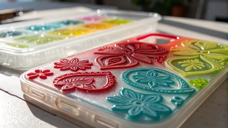 Close-up of a vibrant plastic product with intricate graphics.