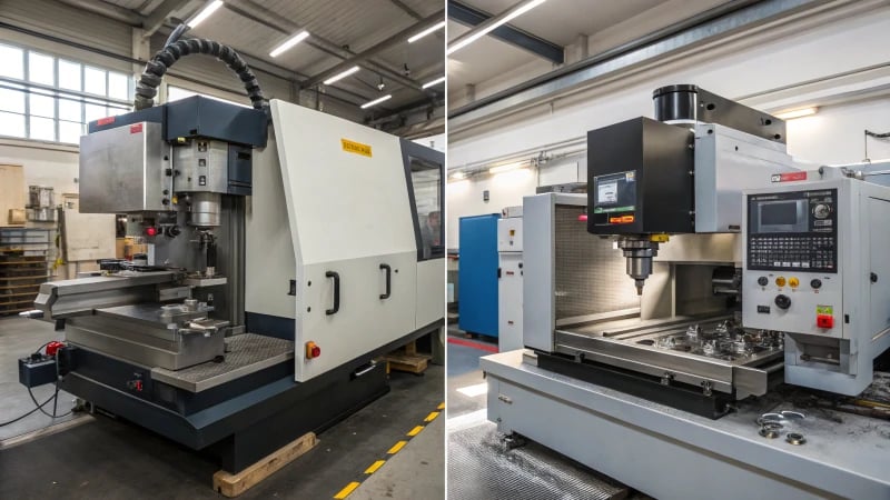 Side-by-side comparison of two CNC machines in a workshop