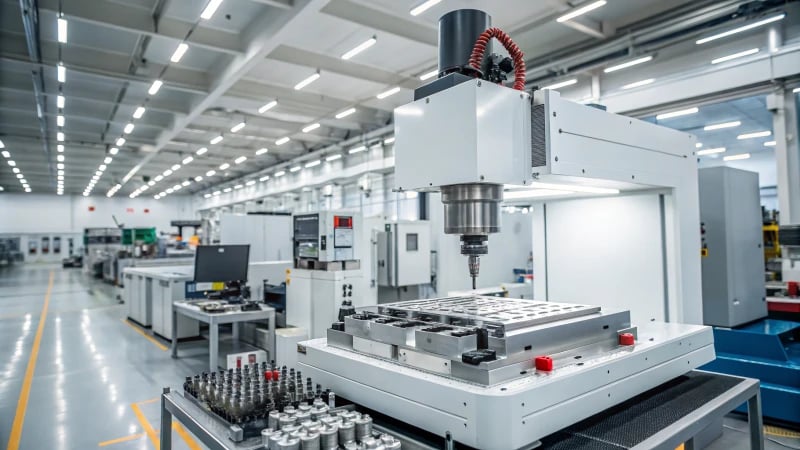 A CNC machining center in a bright manufacturing facility.