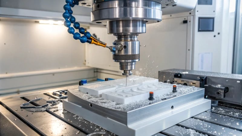 CNC milling machine cutting a plastic component