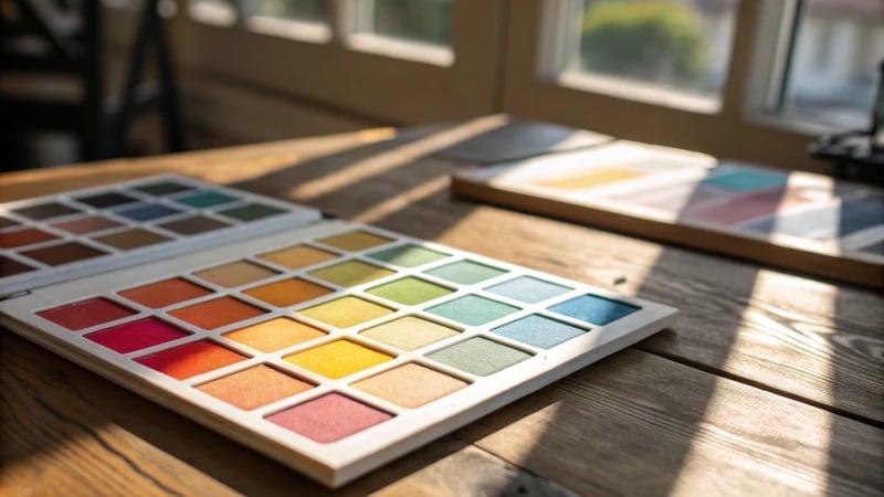 Color palette on a wooden table under different lighting conditions