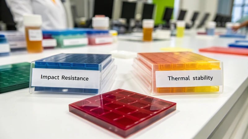 Close-up of colored plastic samples on a lab table