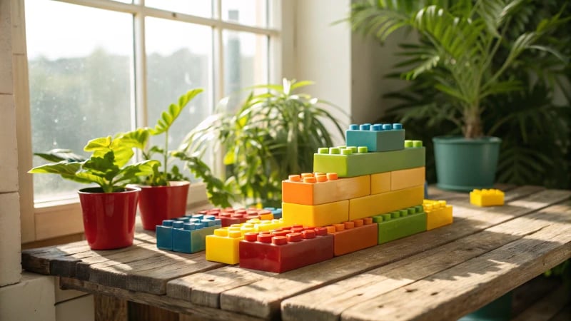 An array of colorful LEGO bricks on a wooden table