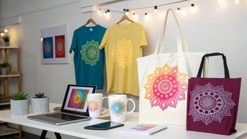 A display of colorful t-shirts, tote bags, and mugs with silk screen prints