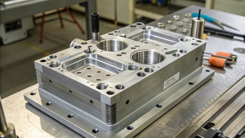 Close-up of a complex injection mold showcasing core and cavity components