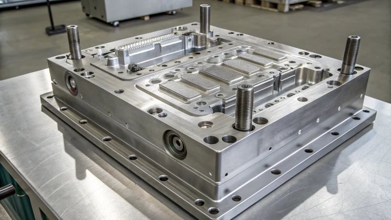 High-resolution image of a complex injection mold with undercuts