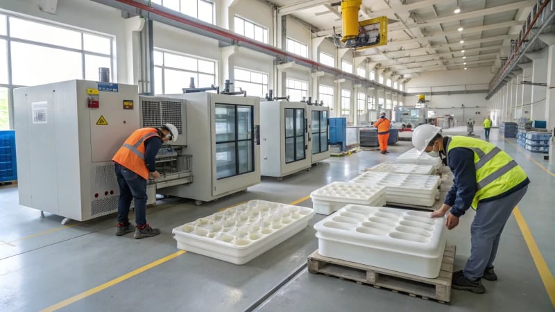 A busy compression molding facility with workers inspecting molds.