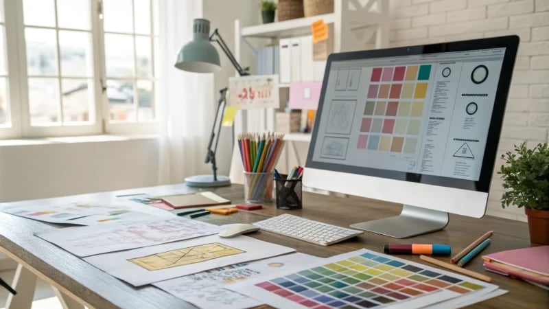 A contemporary design studio with a cluttered desk and large monitor