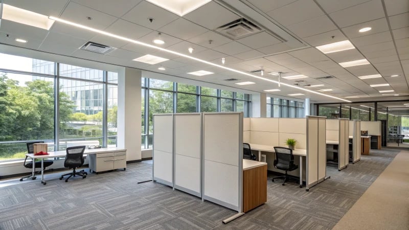 A modern office with modular furniture and large windows