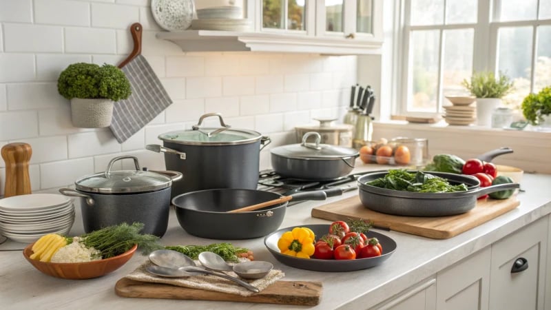 A well-organized kitchen with various cooking materials and fresh ingredients.