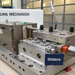 Technical illustration of a core pulling mechanism in an injection mold