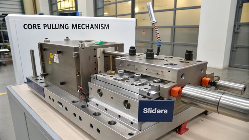 Core Pulling Mechanism Technical illustration of a core pulling mechanism in an injection mold