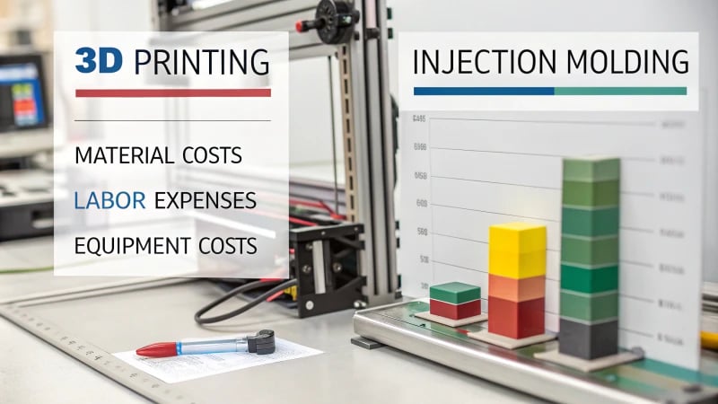 Infographic comparing cost structures of 3D printing and injection molding