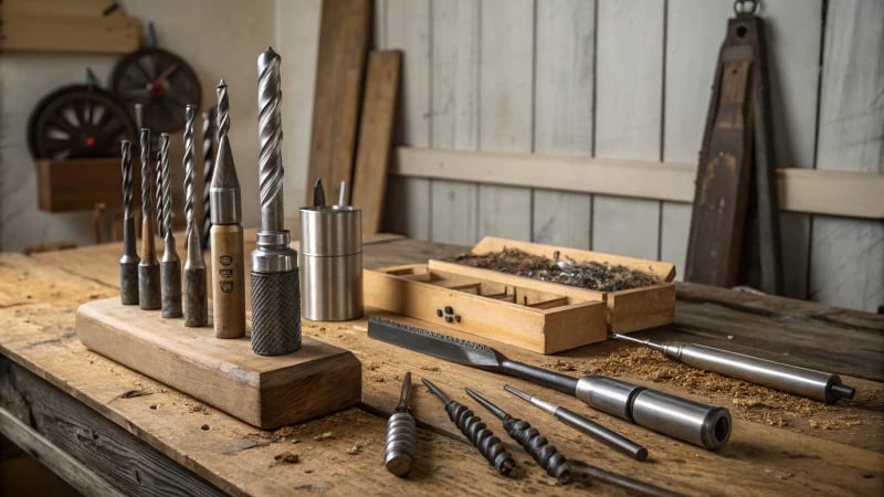 Assorted cutting tools on a wooden workbench