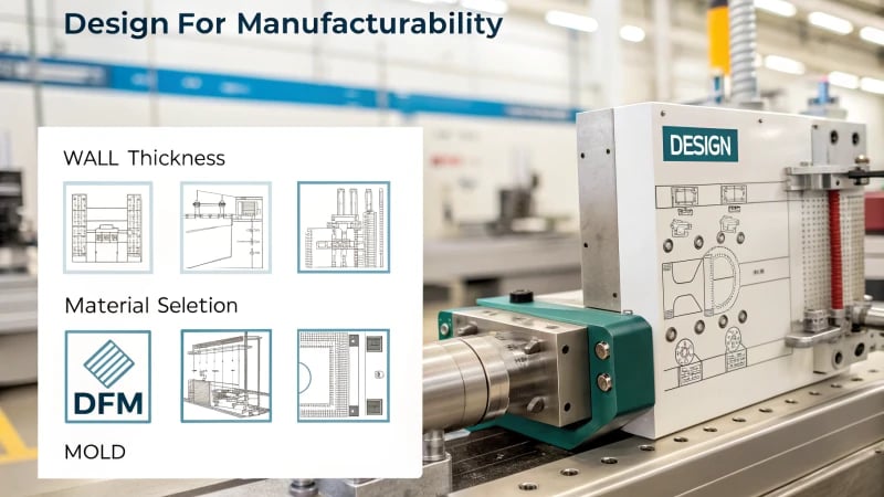 Infographic illustrating key principles of Design for Manufacturability in injection molding