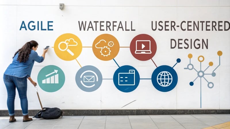 Infographic illustrating Agile, Waterfall, and User-Centered Design methodologies