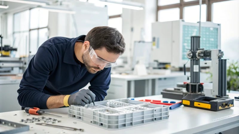 A designer inspecting a plastic mold in a modern workshop.