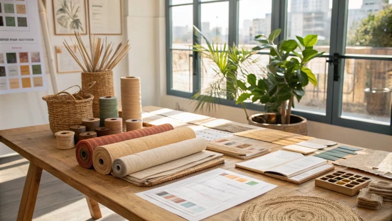 Bright designer workspace with sustainable materials