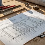 A drafting table with a blueprint of an intricate mold design
