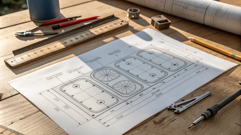 A drafting table with a blueprint of an intricate mold design