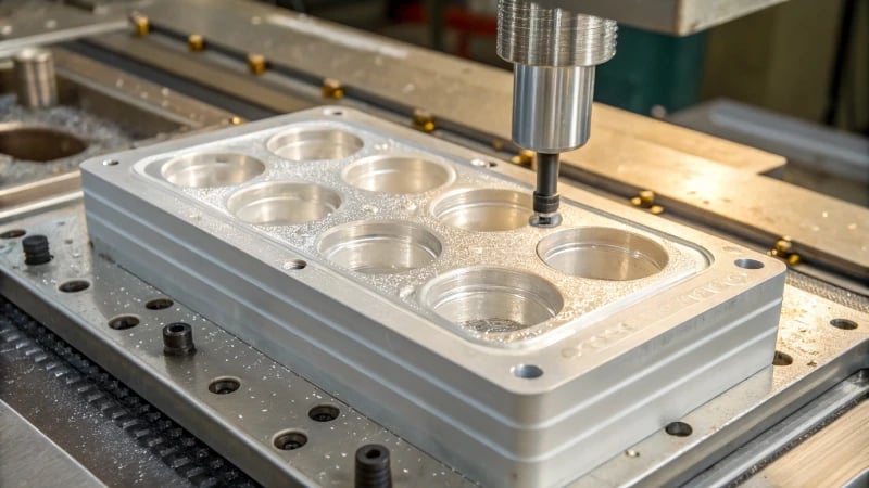 Injection Mold Close-Up Close-up view of an injection mold during the molding process with molten plastic