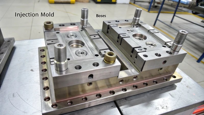 Technical illustration of an injection mold with labeled bosses