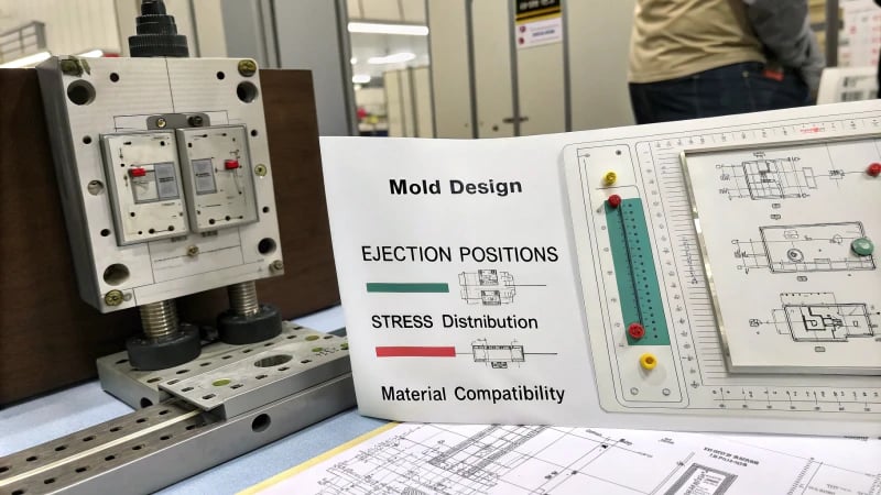 Technical drawing of a mold design with ejection position analysis