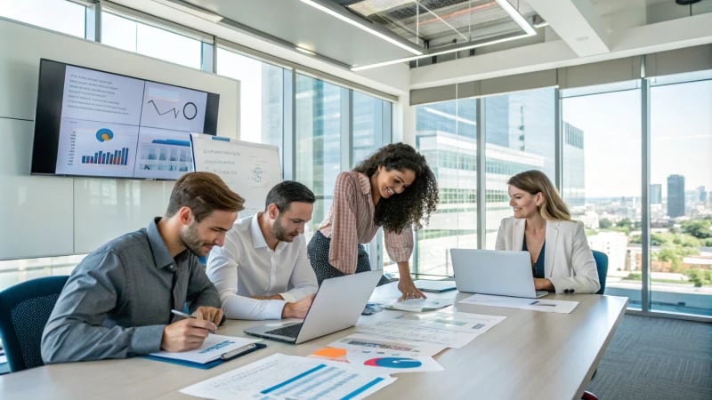 A diverse group of professionals collaborating in a modern office