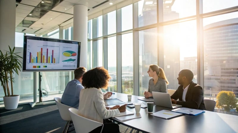 A diverse group of professionals in a conference room discussing strategies