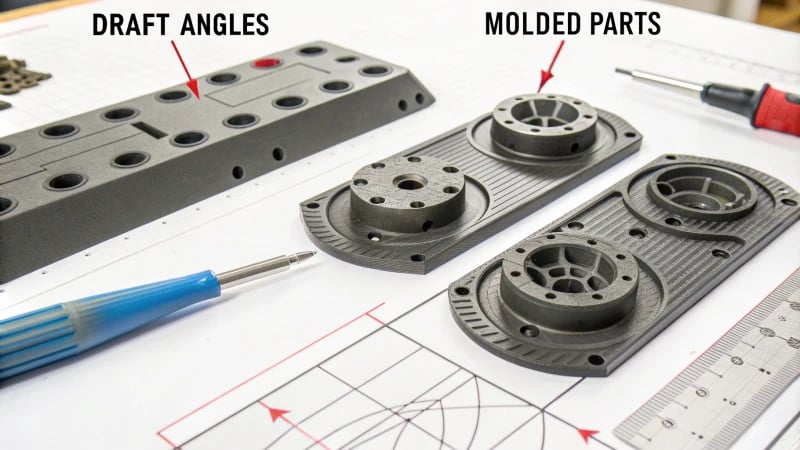 Diagram showing molded parts with varying draft angles and ejection process