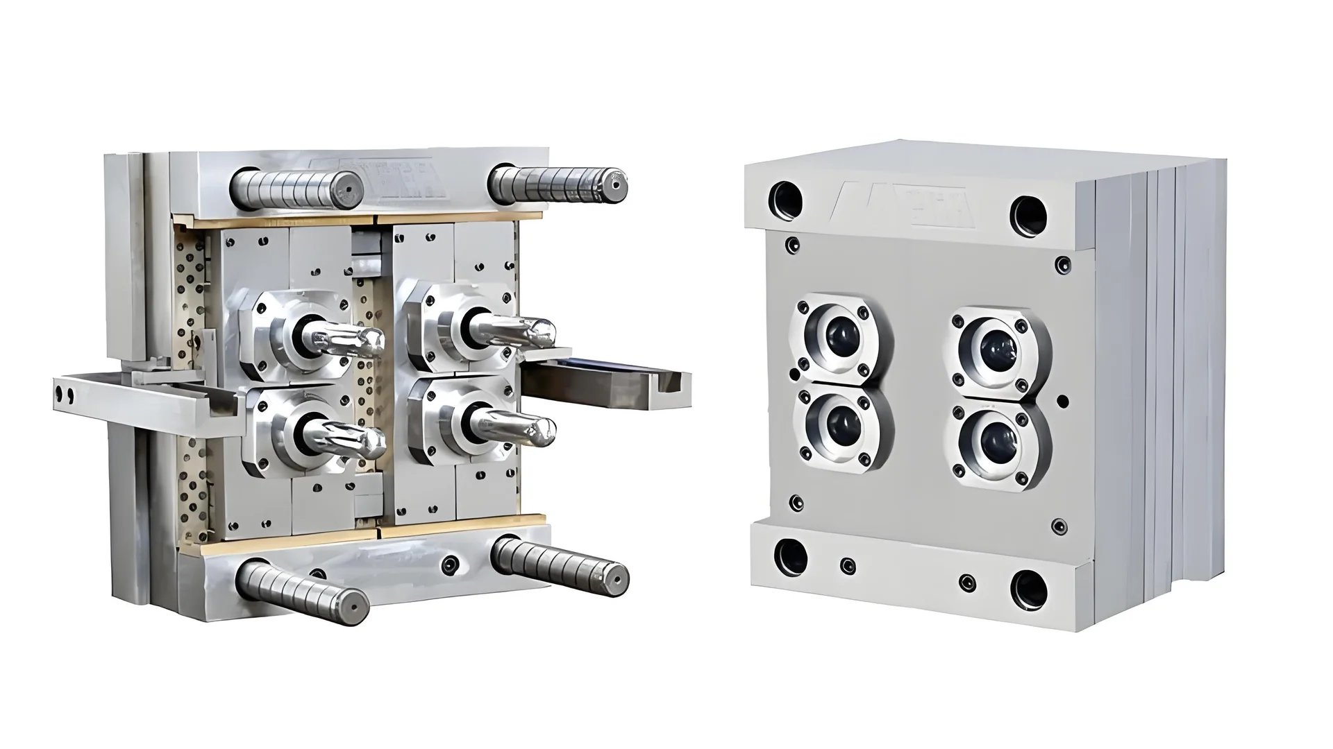 Close-up of a sophisticated injection mold in a manufacturing facility
