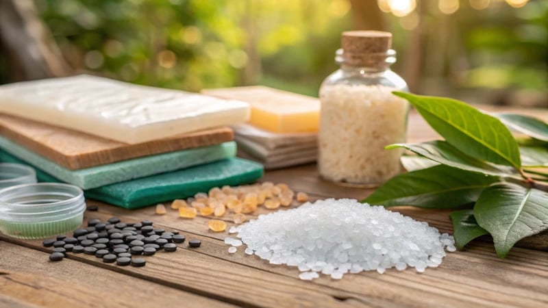 Close-up of eco-friendly materials on a wooden table