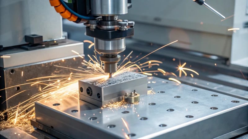 Close-up of EDM machine processing a metal block