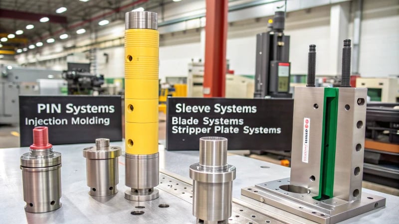 Illustration of various ejection systems in an injection molding factory