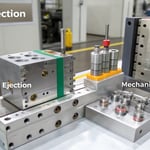 Technical illustration of ejection systems in mold manufacturing