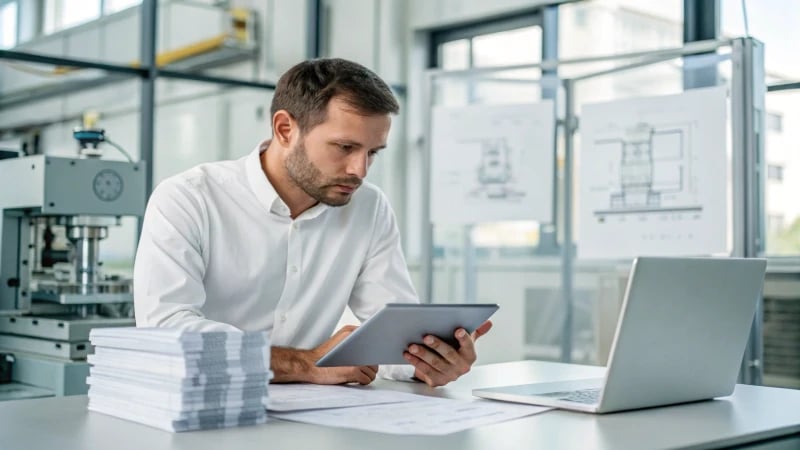 Engineer reviewing injection molding costs on a tablet in a modern office