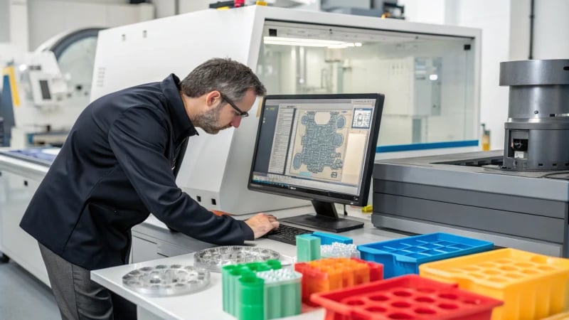 Engineer analyzing mold design in a workshop